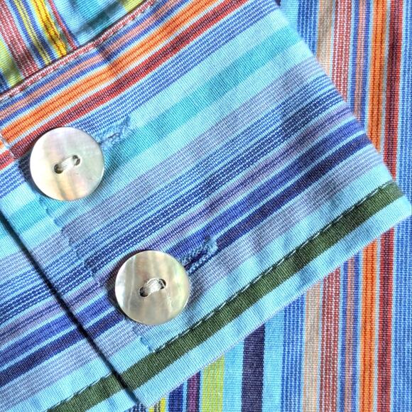 Chico's Blue Rainbow Stripe Mother Of Pearl Buttons Classic Button Down Blouse - Picture 4 of 5